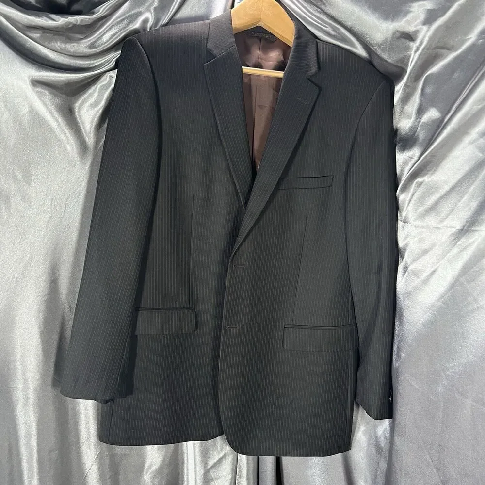 Caravelli 2-Pc Men's Suit Black Pin Superior 150s Blazer 44R Pants‎ 38x44 FLAWS